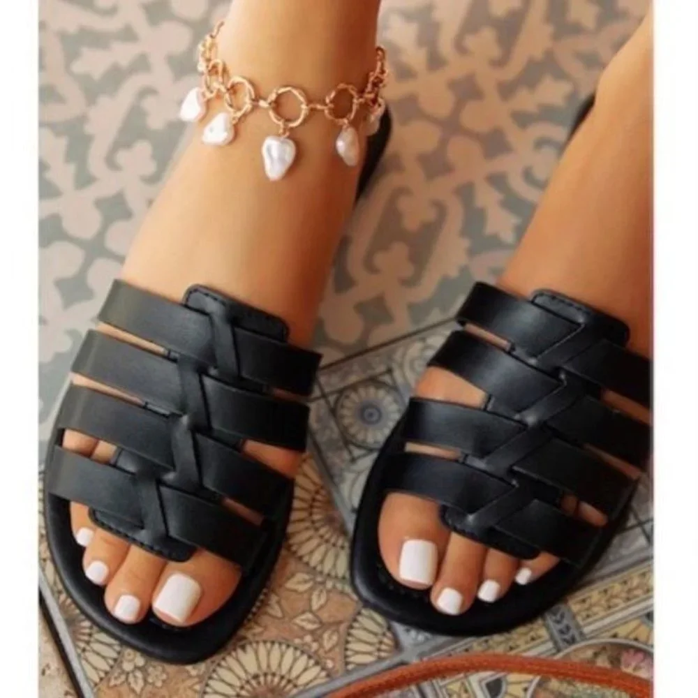 !! NEW !! Soft Vegan Leather Caged Slide Sandals in Black - Picture 1 of 8